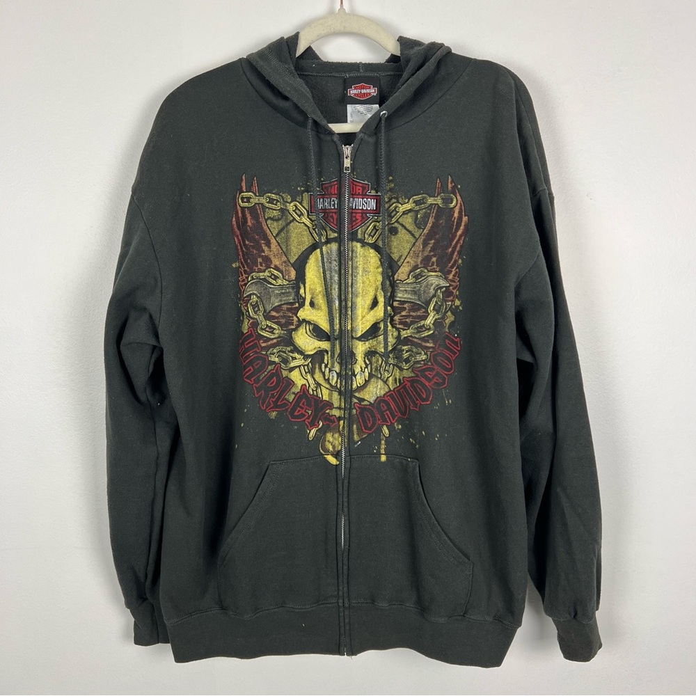 Harley Davidson Zip Up Hoodie Skull Hollywood California Gray Size Large